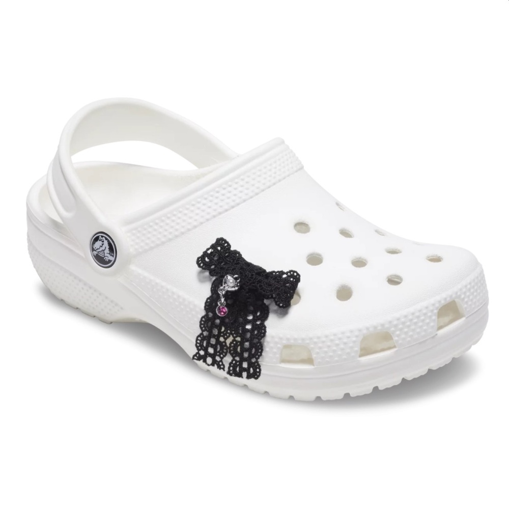Crocs Jibbitz black lace bows silver tone hearts pink crystal charms set of two